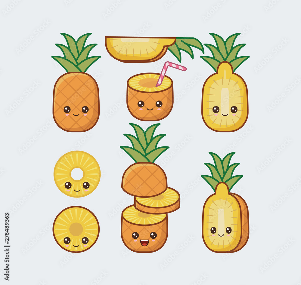 Pineapple set drawn cute kawaii food faces Stock Vector | Adobe Stock