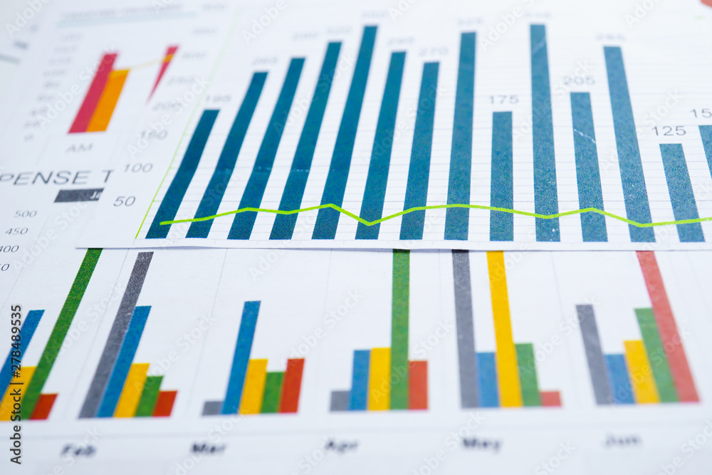 Charts Graphs spreadsheet paper. Financial development, Banking Account, Statistics, Investment Analytic research data economy, Stock exchange Business office company meeting concept.