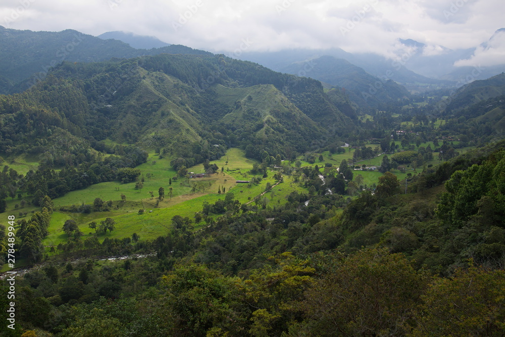 View of Cocora valley from Mirador Alto De La Cruz in Salento in Colombia