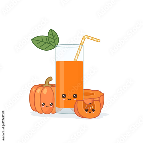 Cute kawai smiling cartoon pumpkin juice. Vector