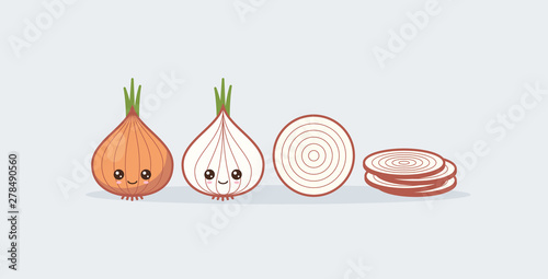 Set onion. Cute kawaii smiling food Vector
