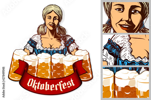 Oktoberfest girl waitress holding mugs of beer in traditional bavarian dirndl. Isolated emblem. Ribbon with title Oktoberfest. Vector vintage graphic illustration in retro engraving inked print style