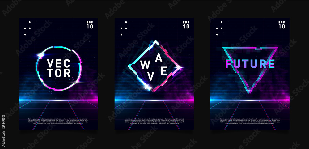 Retrowave vaporwave synthwave Circle, triangle and rhombus with glitch effect, laser grid and highlights. Design for poster, flyer, cover, brochure, card, club invitation. Eps 10