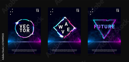 Retrowave vaporwave synthwave Circle, triangle and rhombus with glitch effect, laser grid and highlights. Design for poster, flyer, cover, brochure, card, club invitation. Eps 10 photo