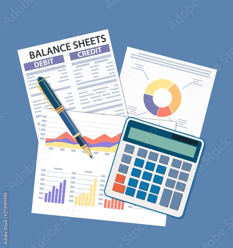 Clipboard with balance sheet and pen. Financial reports statement, calculator and documents. Accounting, bookkeeping, debit and credit calculations. Vector illustration in flat style photo