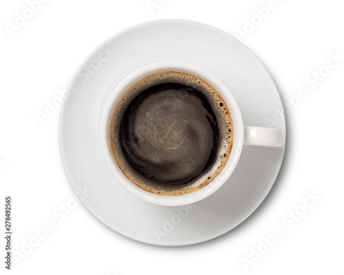 coffee cup, coffee black in white ceramic cup, top view  isolated on white background.