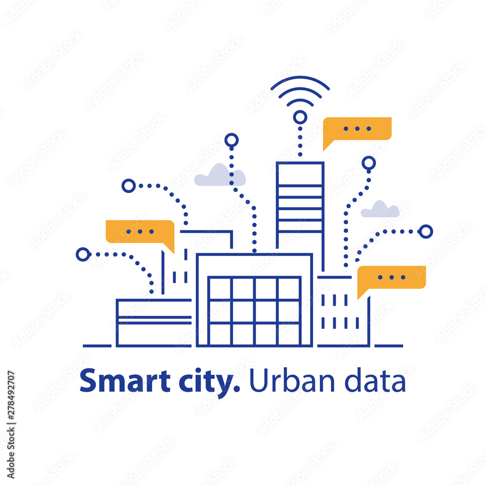 Obraz premium Collecting urban data, smart city, convenient services, modern technology, office building area