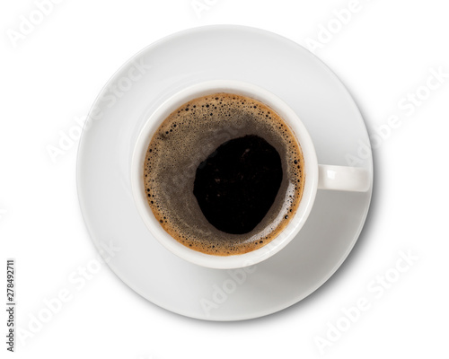 coffee cup, coffee black in white ceramic cup, top view isolated on white background.
