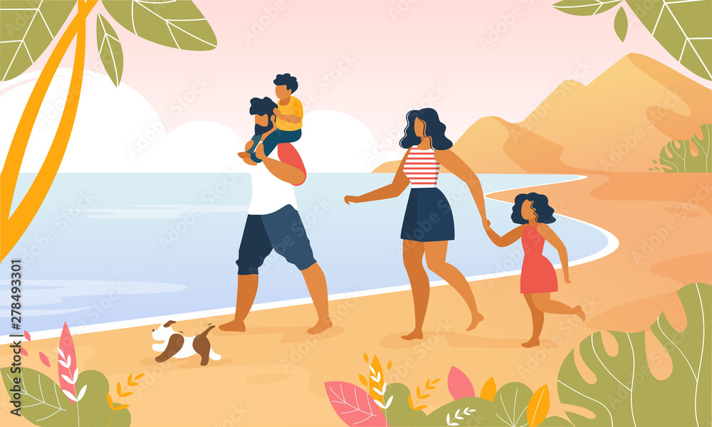 Happy Family Walking Outdoors along Ocean Beach
