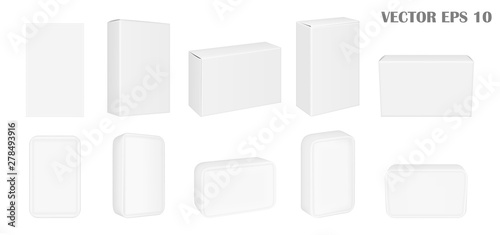 Vector set of realistic isolated on white images (mock-up) of soap and cardboard box for soap top view, perspective view. EPS 10.