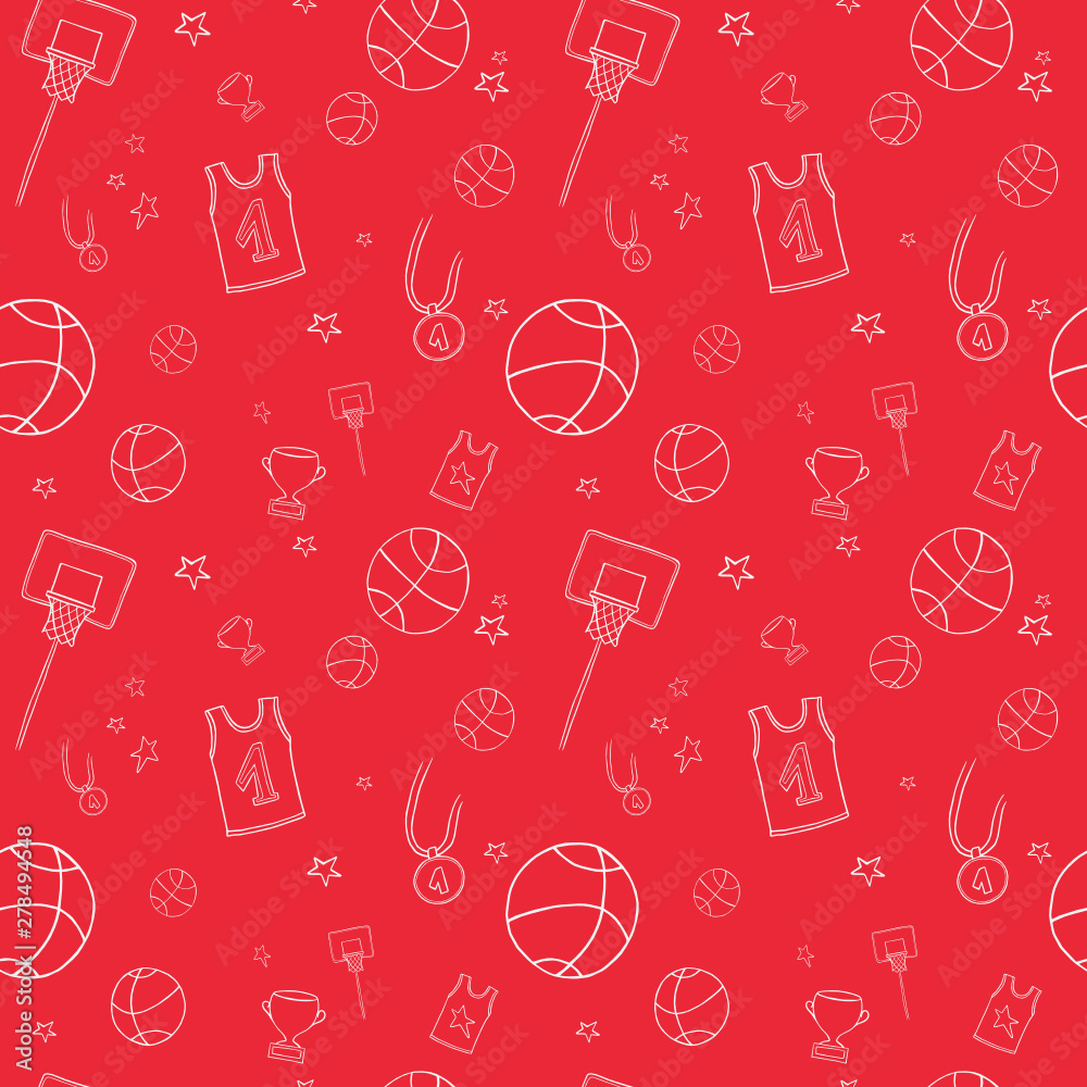 Repeating basketball pattern. Included the icons as basketball hoop, balls, Winner's Cup, medal and more. Repeating basketball pattern. Included the icons as basketball hoop, balls, Winner's Cup, medal and more.