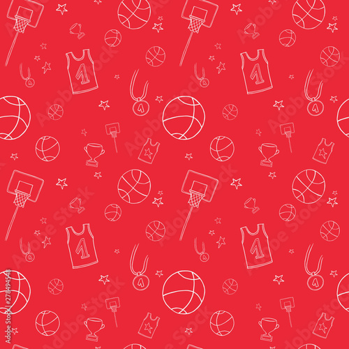 Repeating basketball pattern. Included the icons as basketball hoop, balls, Winner's Cup, medal and more.