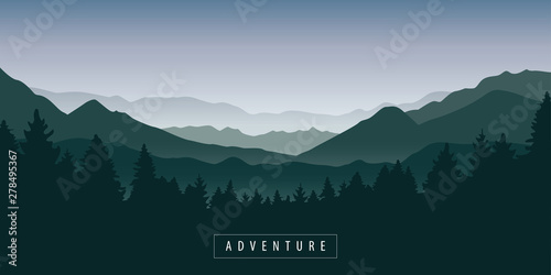 green foggy mountain and forest nature landscape vector illustration EPS10