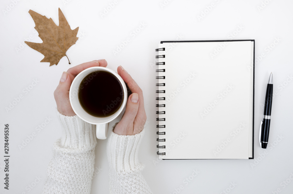 Top view autumn leaves with coffee Top view autumn leaves with coffee