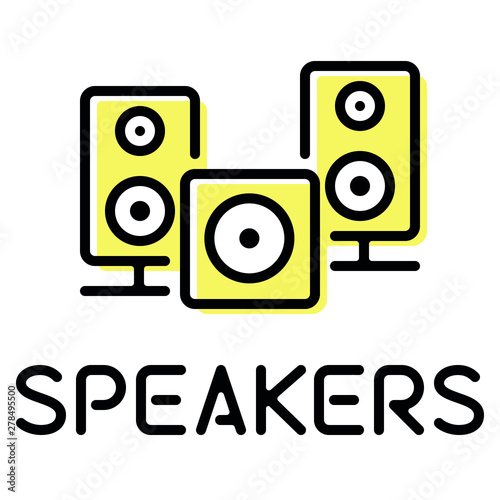 Surround sound system / speakers with subwoofer product type thin line style icon with text label 