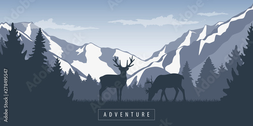 wildlife adventure elk in the wilderness forest at snowy mountain landscape vector illustration EPS10