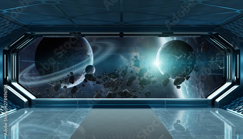 Fototapeta Naklejka Na Ścianę i Meble -  Dark blue spaceship futuristic interior with window view on space and planets 3d rendering