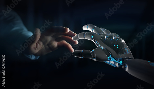 Robot hand making contact with human hand on dark background 3D rendering