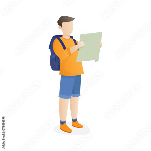 Backpacker looking at map. Traveling people in trip wear getting lost, planning the walking route. holding paper map looking © Fand
