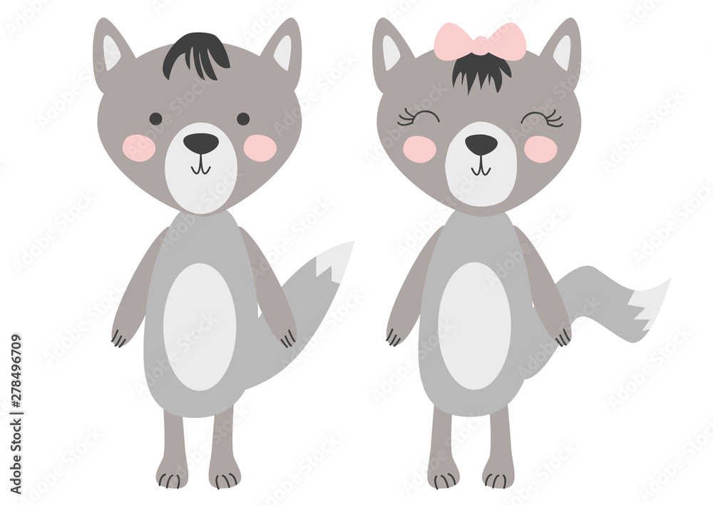 grey wolfs isolated on white background. Cute forest animals in scandinavian and folk style. Scandinavian style flat design.