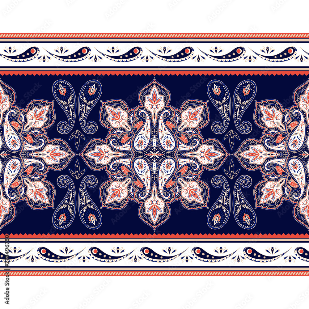 Indian paisley pattern vector border seamless. Floral mandala medallion motif. Vintage damask flower ethnic ornament print. India luxury design decoration.