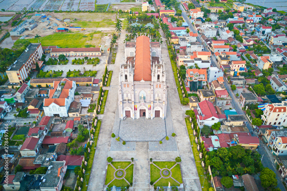 NAMDINH, VIETNAM - JUN. 30, 2019: Aerial view of Phu Nhai Catholic church, once the biggest church in Indochina hundreds of years ago