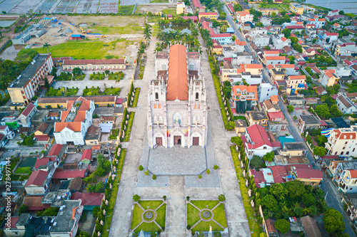 NAMDINH, VIETNAM - JUN. 30, 2019: Aerial view of Phu Nhai Catholic church, once the biggest church in Indochina hundreds of years ago