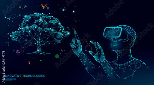 Virtual digital biotechnology tree engineering concept. 3D render VR helmet augmented reality vitamin supplement. Medical science life eco polygon biology future research vector illustration