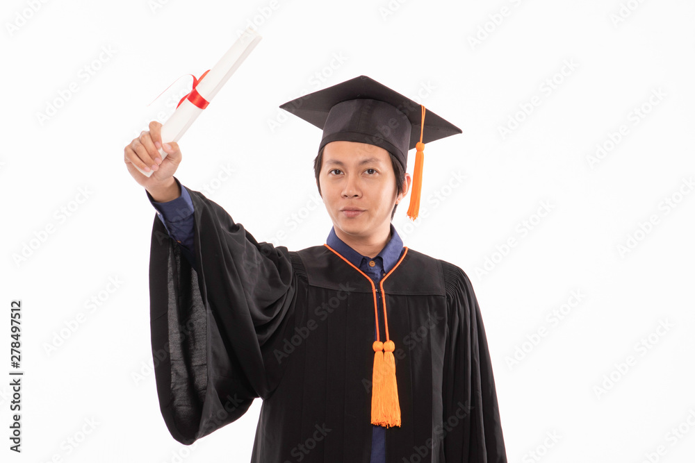 Asian Graduate man in cap and gown smile celebrating Asian Graduate man in cap and gown smile celebrating
