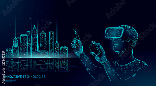 Low poly smart city intelligent building automation. VR helmet augmented reality visualize creation concept. Architecture urban cityscape technology sketch banner vector illustration