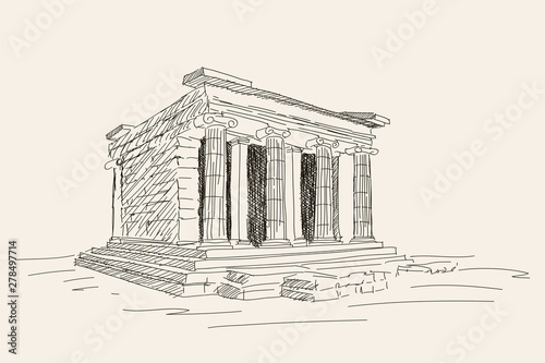 Old ruined ancient greek temple with columns. Quick pencil sketch.