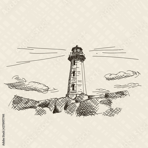 The lighthouse shines on the stone shore. Vector sketch.