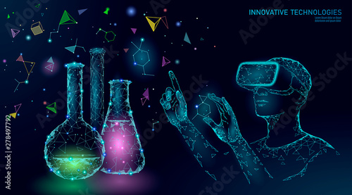 Science biology gene modifying concept. VR headset holographic projection virtual reality glasses. Futuristic medicine research gene therapy health analysis laboratory chemistry vector illustration
