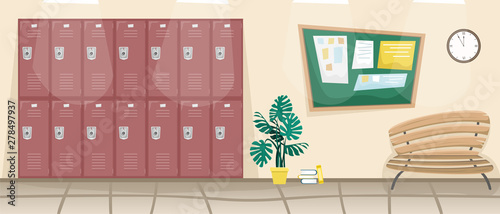 School corridor with lockers for books and clothes. Blackboard for school announcements.