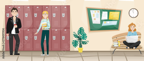 School corridor with lockers for books and clothes. Blackboard for school announcements. Students at recess.
