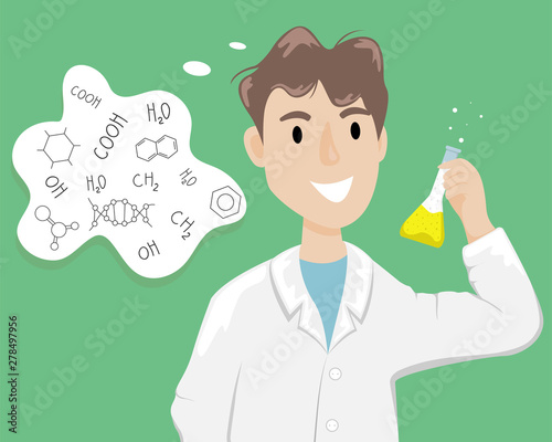 Male chemist in a white coat with a flask with a chemical substance in the hand. Scientist conducting an experiment.