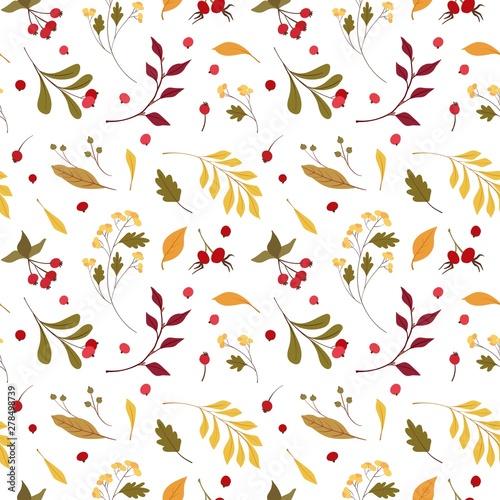 Autumn mood  flat vector seamless pattern.  Wind blown, floating yellow oak, maple leaves. Fall wildflowers and cranberry. Seasonal wild plants berries with lettering. Wallpaper, wrapping paper design