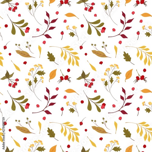 Autumn mood flat vector seamless pattern. Wind blown, floating yellow oak, maple leaves. Fall wildflowers and cranberry. Seasonal wild plants berries with lettering. Wallpaper, wrapping paper design