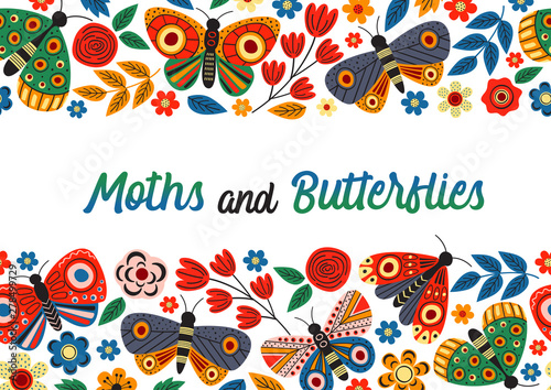 horizontal banner with butterflies and flowers - vector illustration, eps