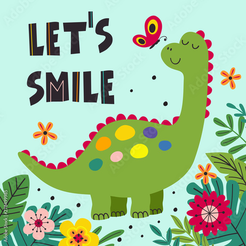 poster with smiling dinosaur - vector illustration, eps