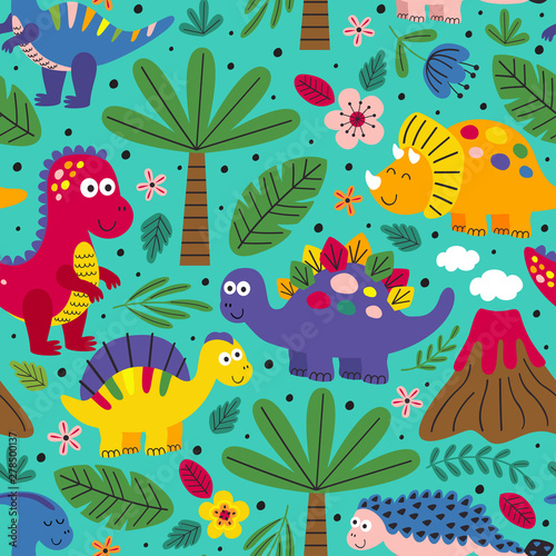blue seamless pattern with friendly dinosaurs  - vector illustration, eps