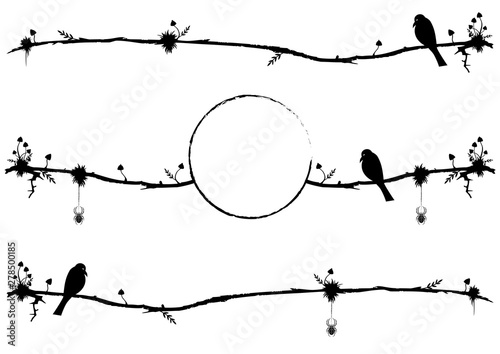 set of vector dividers with raven, spiders and mushrooms in black and white colors