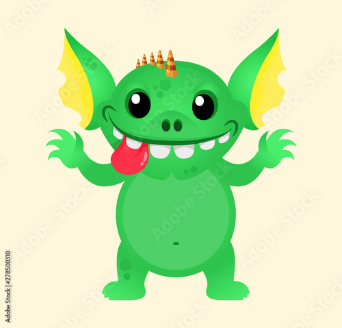 Cute little Kids Monster Vector mascot Template. Halloween green gremlin or troll. Design for print  party decoration  t-shirt  emblem  sticker.