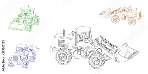 Bulldozer. Vector outline illustration. Dimetric projection.