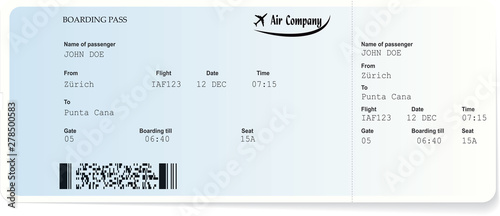 Blue airline boarding pass tickets Passengers need to have boarding pass for traveling by airplane. Concept of travel or trip.