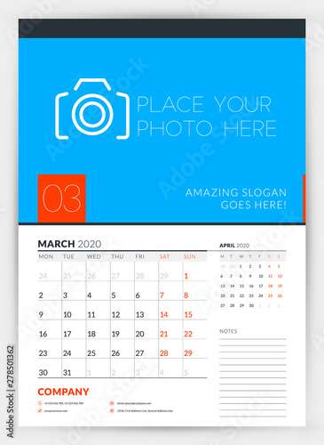 Wall calendar planner template for March 2020. Week starts on Monday. Typographic design template. Vector illustration