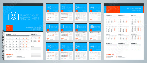 Wall calendar template for 2020 year. Week starts on Monday. Vector illustration