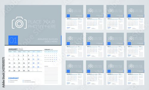 Wall calendar template for 2020 year. Week starts on Monday. Vector illustration