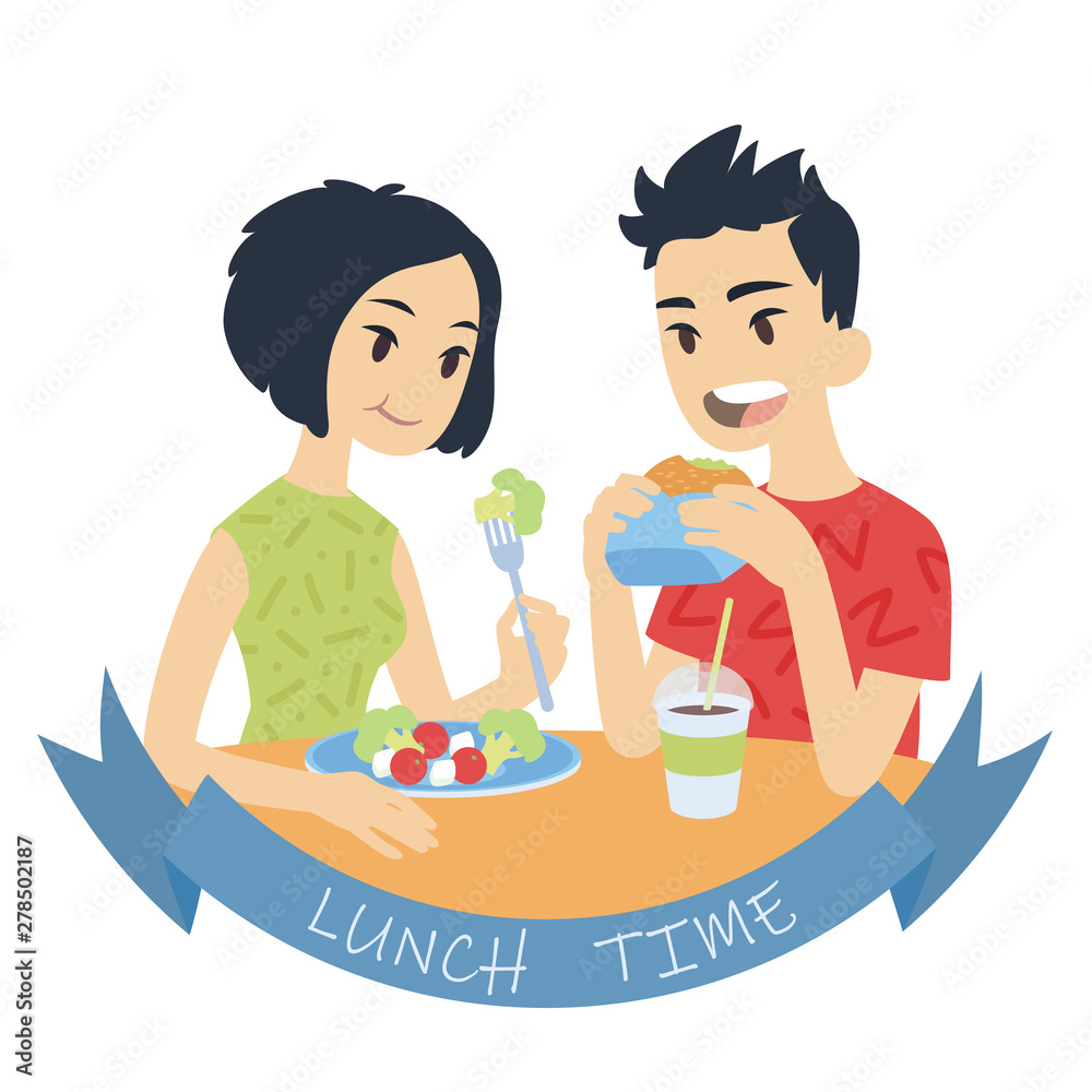 Couple eating. Vector illustration of multicultural pair in flat cartoon style on white background. Asian boy biting burger and asian girl eating fresh salad. Romantic lunch. Couple eating. Vector illustration of multicultural pair in flat cartoon style on white background. Asian boy biting burger and asian girl eating fresh salad. Romantic lunch.