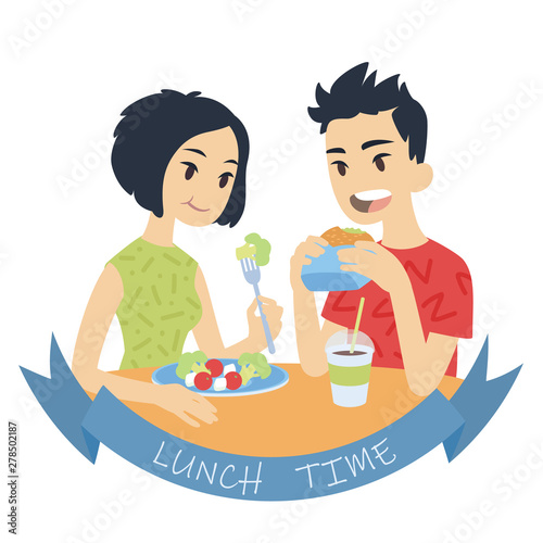 Couple eating. Vector illustration of multicultural pair in flat cartoon style on white background. Asian boy biting burger and asian girl eating fresh salad. Romantic lunch.